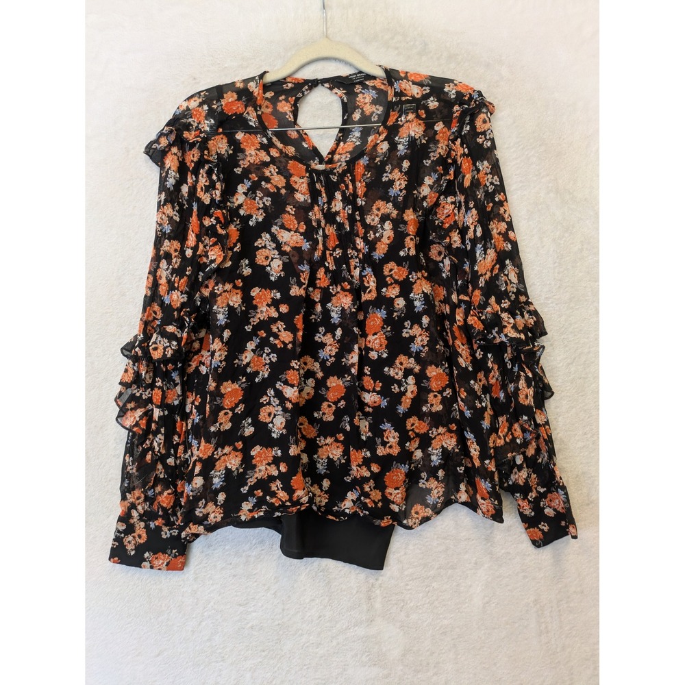 Lucky Brand Ruffle Sleeve Blouse Women's Medium Black Floral Keyhole Back